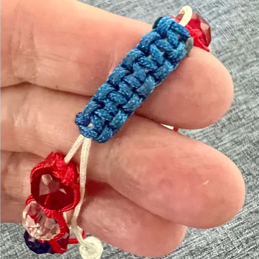 Hand Crafted Patriotic Bracelet Red, White, Blue Beads & Cord New